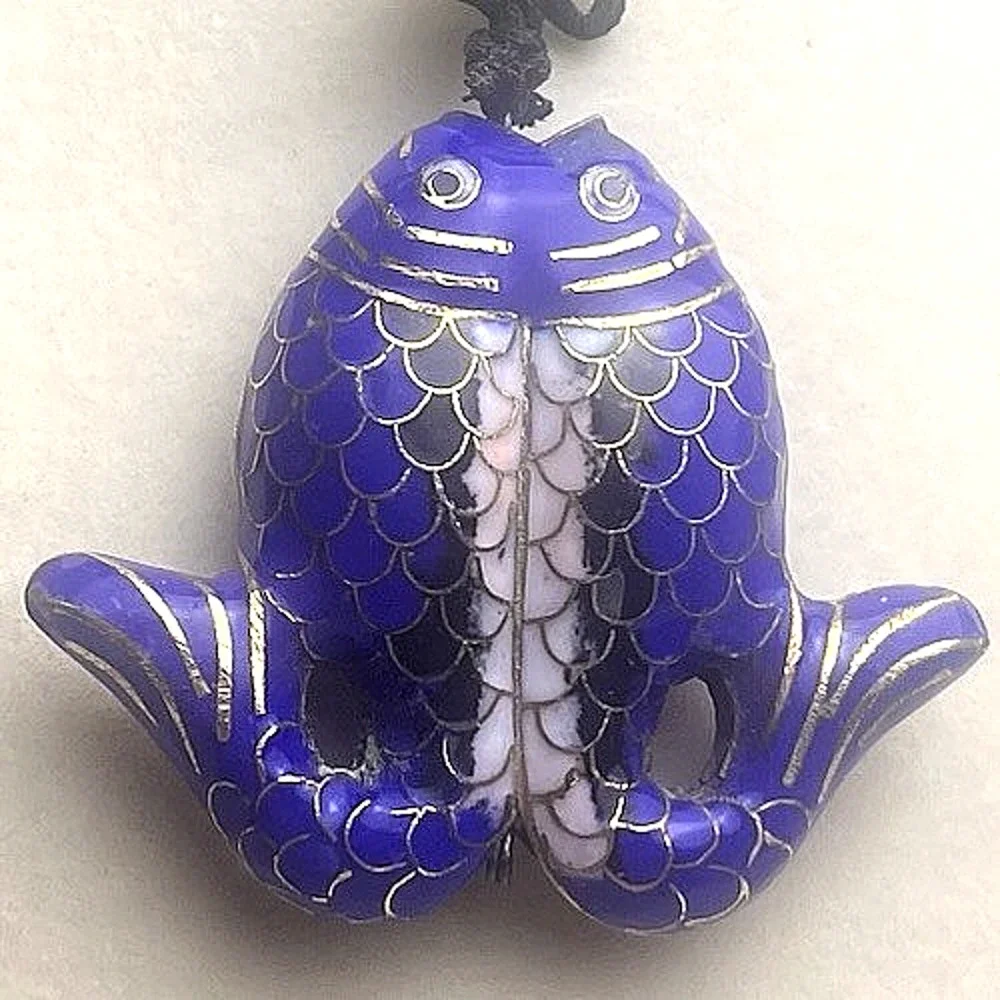 Cloisonne Twin Fish Pendant Medallion Red Stone Blue Gold Enamel Tribal Necklace